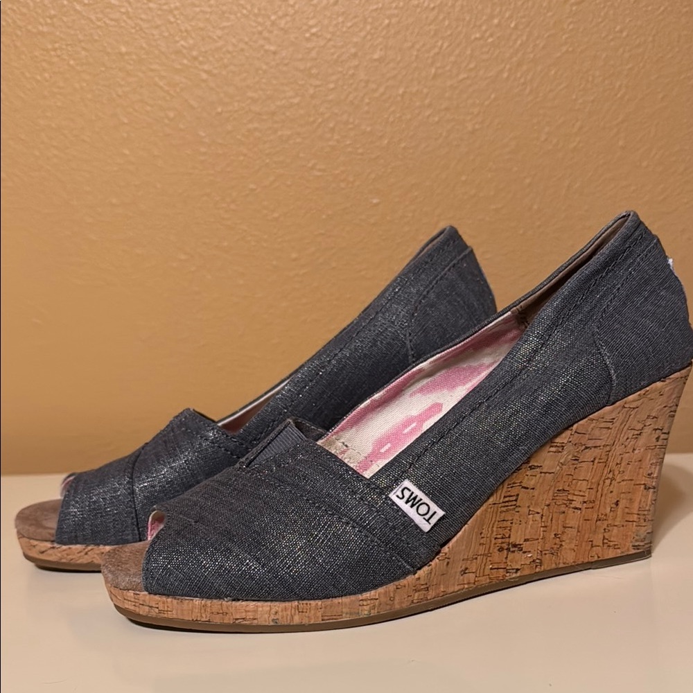 Toms Denim Blue Shimmer Wedges with Cork Heel and Peep-Toe